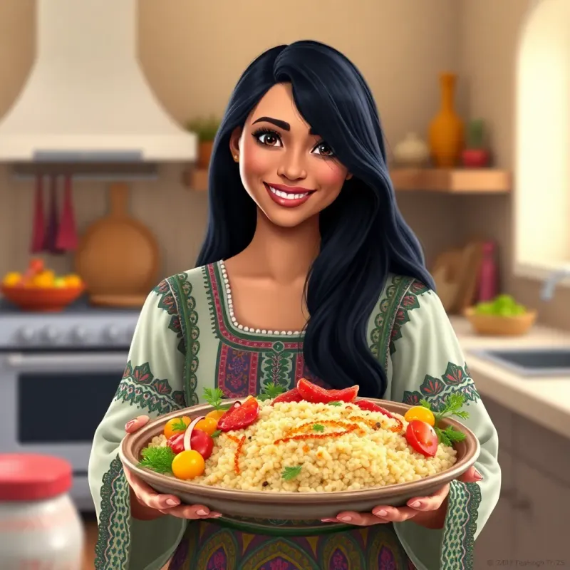A friendly Tunisian woman, with long black hair, wearing a traditional dress, presenting a beautifully presented couscous dish with vegetables and spices, colorful kitchen background, inviting light, cozy feel, vibrant art, high quality