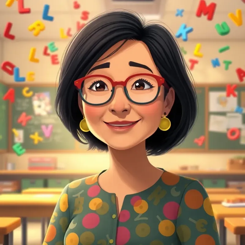Madame Lamine, a middle-aged woman with medium-length black hair, wearing a colorful blouse and glasses, in a classroom filled with colorful letters swirling in the air, illustration, magical classroom setting, warm light, cheerful atmosphere, playful perspective, fine detail