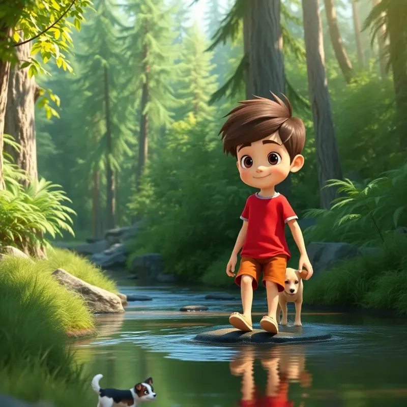 A young boy, Liam, with short brown hair wearing a red t-shirt and shorts, crossing a small river in a lush green forest, a small dog beside him, bright colors, adventurous scene, friendly and inviting vibe