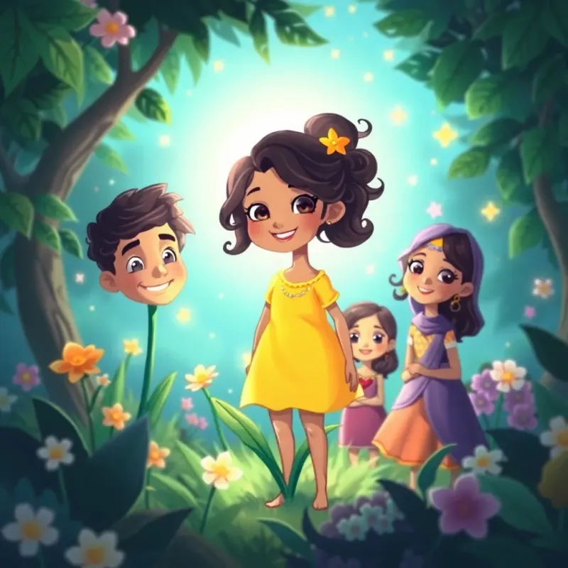 A glowing flower in a magical garden, surrounded by Malak, a cheerful girl with dark curls in a yellow dress, and her friends Amir and Sara, bright colors, whimsical lighting, inviting scene, illustration, friendly, engaging portrait