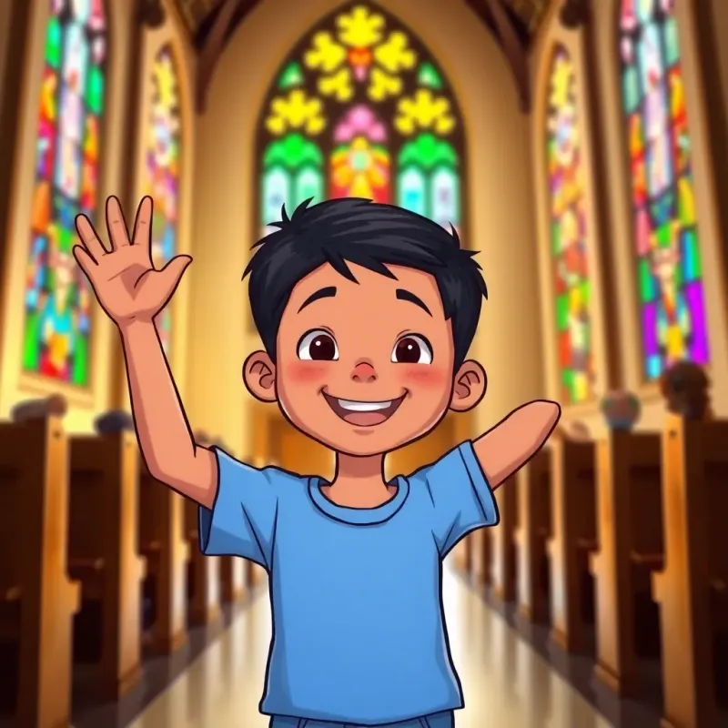 Mike Sumani Jnr, a young boy with short black hair, wearing a blue t-shirt and jeans, waving happily to his friends inside a church with colorful stained glass windows, friendly atmosphere, digital art, bright colors, cheerful perspective, high-quality