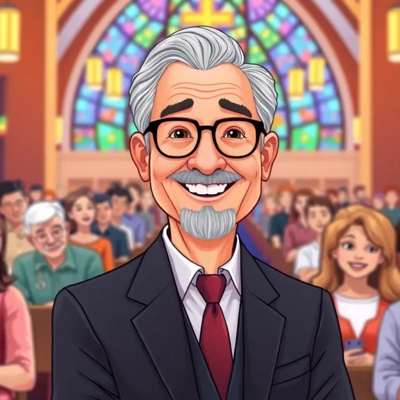 A kind pastor, an older man with gray hair, wearing glasses and a suit, smiling warmly at a congregation in a vibrant church, with people sitting in neat rows, lively and inviting, digital illustration, bright and engaging, high-quality
