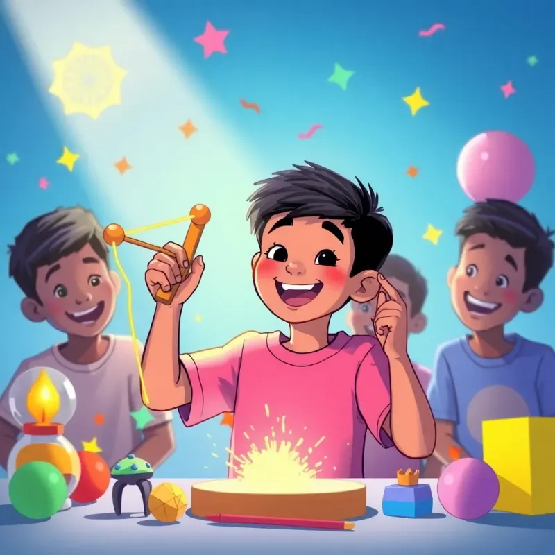 Mike Sumani Jnr, a cheerful boy with short black hair, showcasing his completed slingshot craft to his friends with excitement, surrounded by colorful creations, bright lighting, joyful atmosphere, digital art, high-quality