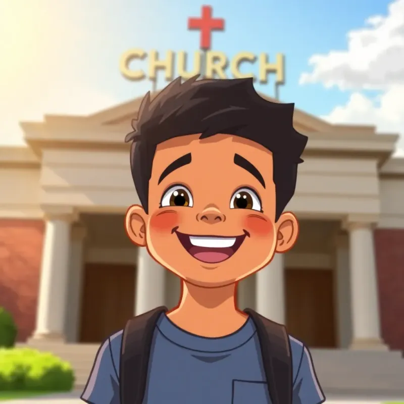 Mike Sumani Jnr, a happy young boy with a grin, standing in front of a big building with the word 'CHURCH' on the sign, basking in the sunlight, joyful mood, digital art, bright and inviting colors, high-quality