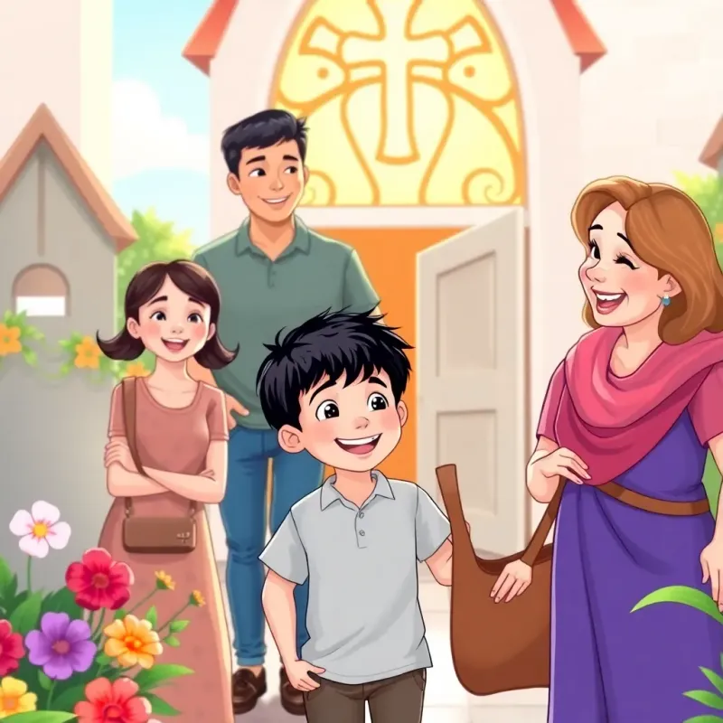 A family leaving a bright church with smiles and laughter, with Mike, a young boy with short black hair, happily chatting with his mom, colorful church garden around them, cheerful atmosphere, digital art, vibrant colors, high-quality