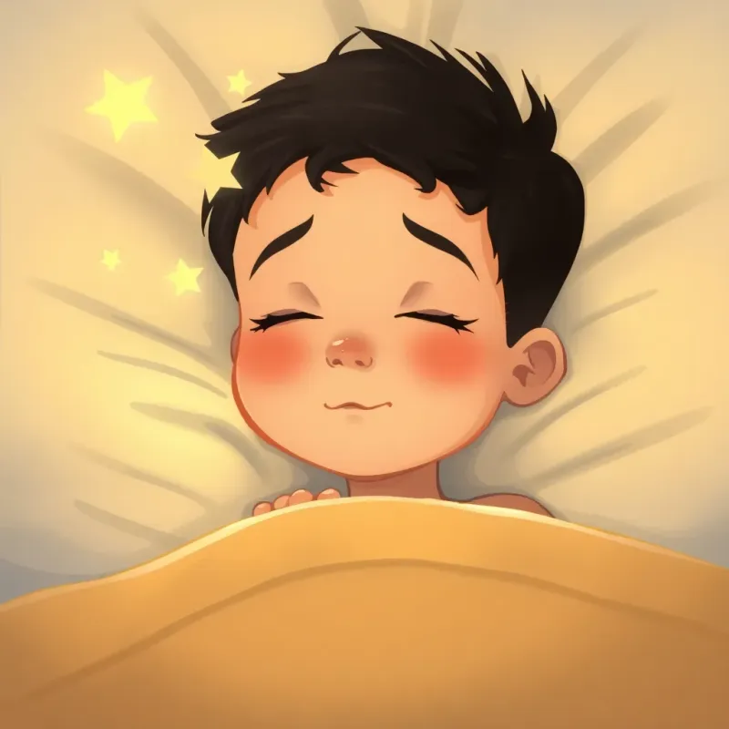 A young boy, Mike Sumani Jnr, in bed, eyes closed, with a serene expression, dreaming of his fun day at church with a few starry decorations around, peaceful and cozy, digital art, soft and warm colors, high-quality