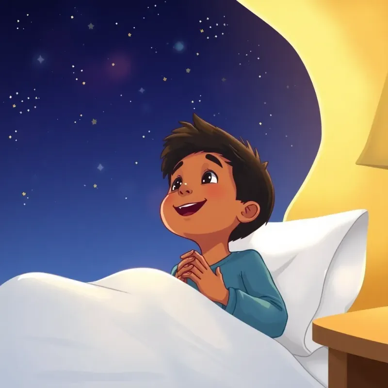 Mike Sumani Jnr, a young boy with a joyful expression, looking up at the starry night sky while whispering a prayer in bed with a small smile, peaceful atmosphere, digital art, soft lighting, warm colors, high-quality
