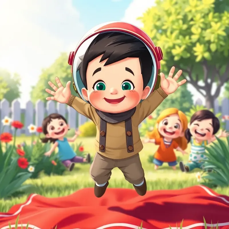 MJ, a small boy with a big smile, wearing a playful space helmet, jumping on a red blanket in a sunny garden, surrounded by his sisters with joy, adventure-themed illustration, cheerful, bright colors, high quality