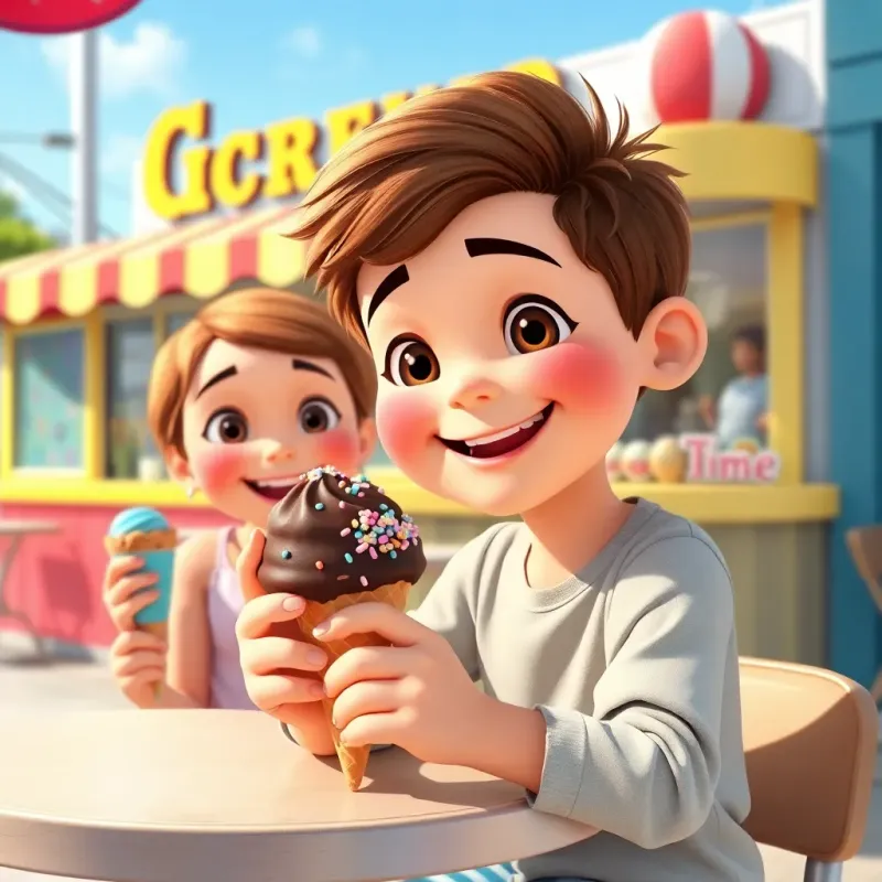 Mj, a smart little boy, sitting at a table outside a colorful ice cream parlor, enjoying a chocolate ice cream cone with sprinkles, his sisters beside him with fruity ice cream, joyful expressions, bright summer day, cheerful, engaging