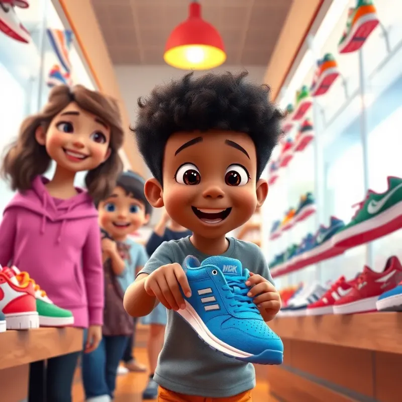 Mj excitedly entering a shoe store with his sisters, bright and cheerful environment, various shoes hanging in the background, Mj choosing bright blue sneakers, happy faces, playful atmosphere, high vibrant quality