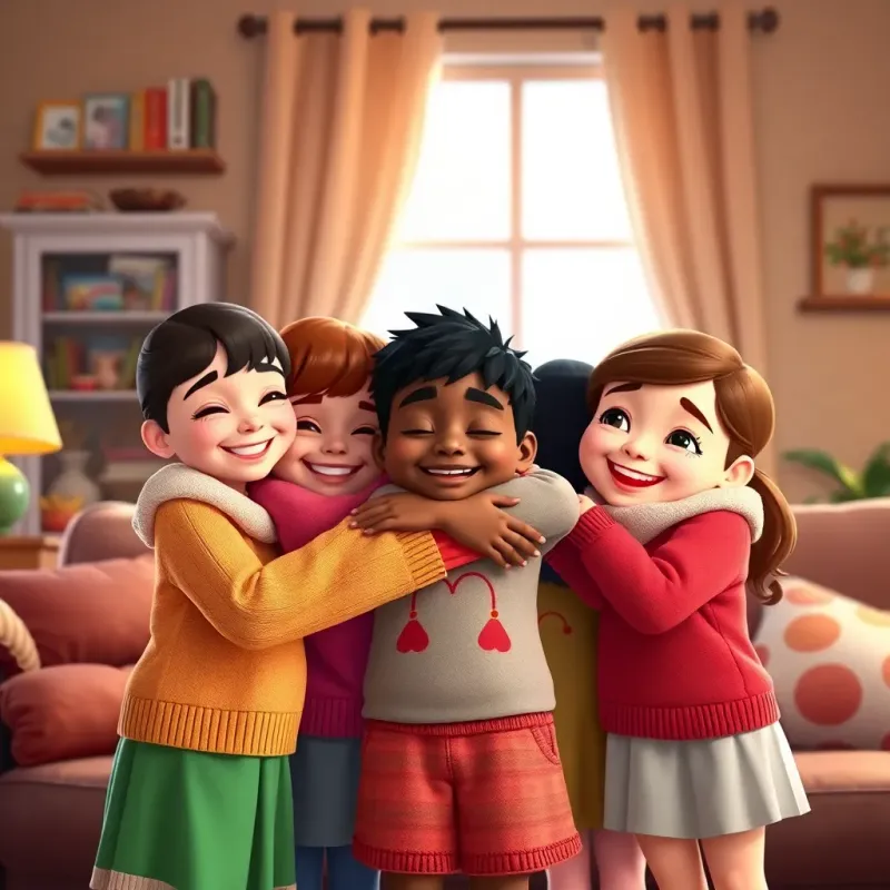 Mj hugging his three sisters tightly at home, all wearing new clothes and smiling widely, warm and cozy home atmosphere, soft lighting, heartwarming family moment, vibrant quality