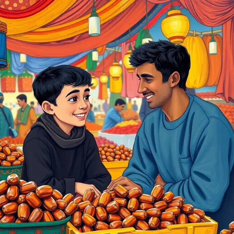 Mohammed, a young Libyan boy with short, dark hair, sitting in a lively market stall with his mother, selling sweet dates, smiling and talking with his friend Samir, bright colors, bustling scene, joyful mood, illustrations, child-friendly