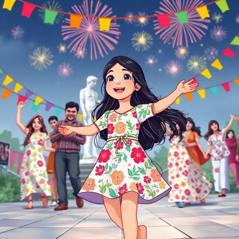 A young Kurdish girl, Zina, with long dark hair in a colorful floral dress, dancing joyfully outside with her family, surrounded by colorful banners and fireworks in the sky, illustration, cheerful, festive, child-friendly