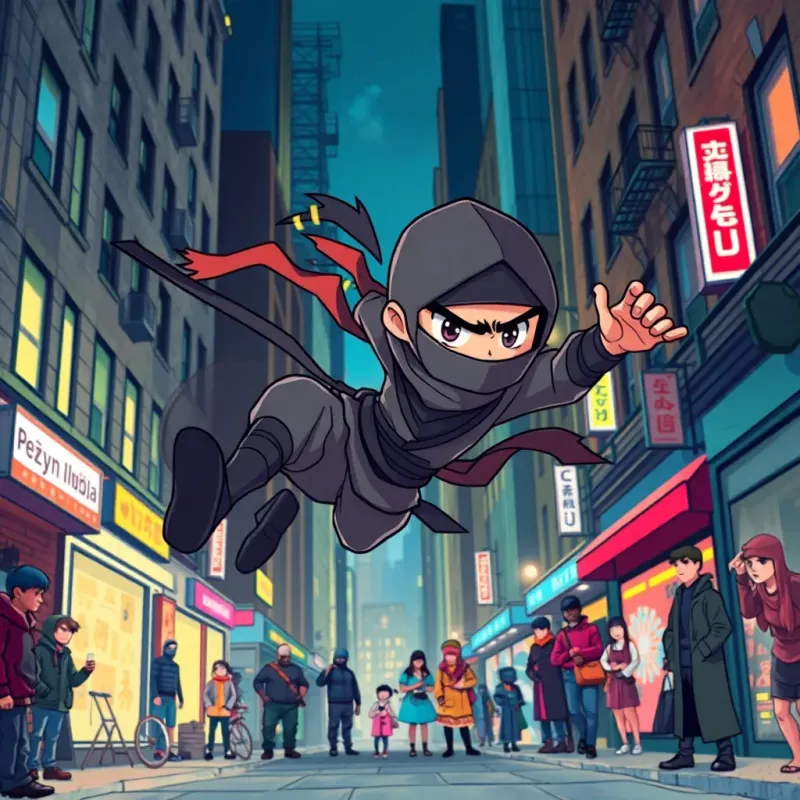 Kenji, the ninja, fighting mean shadow ninjas in New York City streets, with the background showing a lit street and fascinated onlookers; Kenji is spinning mid-air, a determined look on his face, illustration, action-packed, colorful, child-friendly, detailed