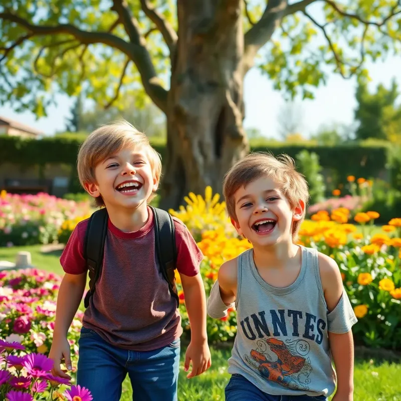 Noah and Finn, two young boys around 13 years old, playing in a sunny garden, with a big tree and colorful flowers around them, laughter on their faces, bright and cheerful atmosphere, digital art, vibrant colors, high quality