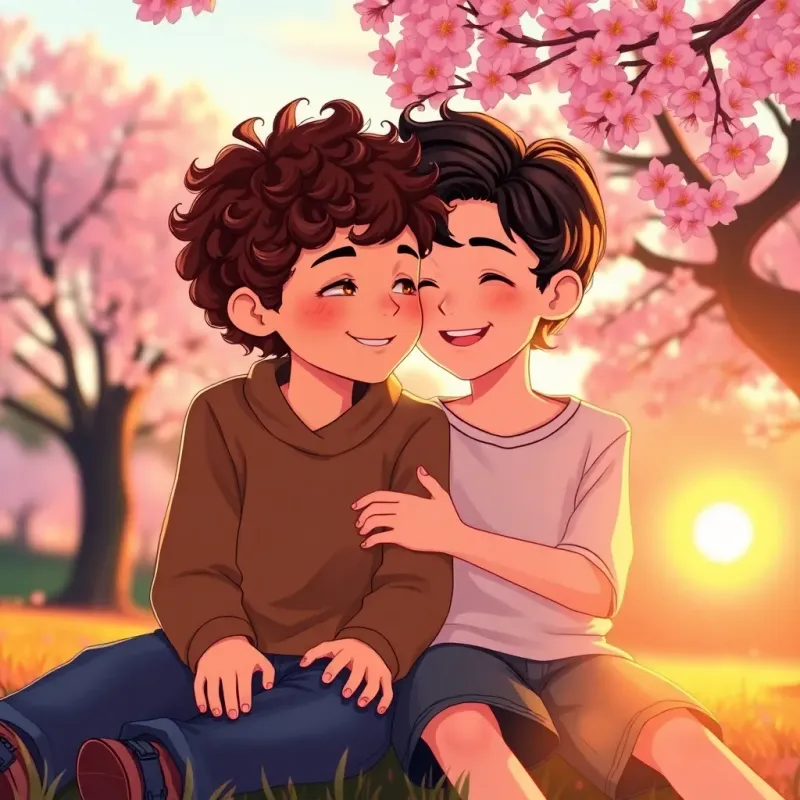 Noah, a young boy with curly brown hair, and Finn, a boy with dark wavy hair, sitting close together under a cherry blossom tree at sunset, shared smiles and gentle touches, warm golden light, sweet moment, illustration, soft and inviting