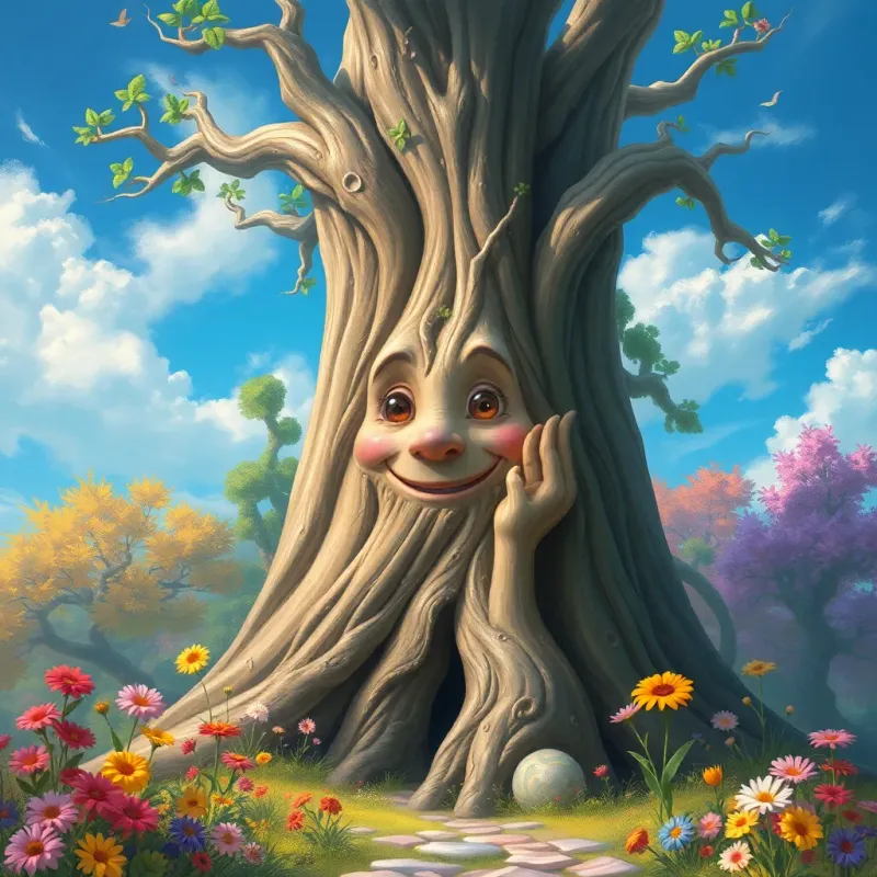 "A magical giant tree with a friendly face, surrounded by colorful flowers and a clear blue sky, digital art, whimsical, inviting atmosphere, high quality"