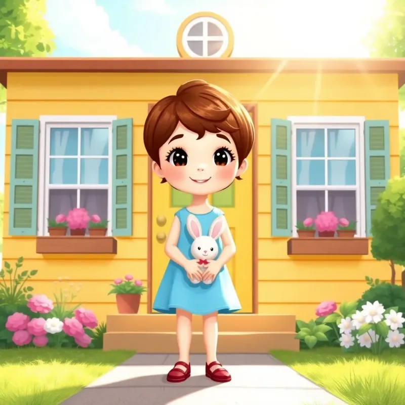 A young girl, Posie, with short brown hair wearing a light blue dress, standing in front of a big yellow house, holding a stuffed bunny, bright sunlight, cheerful, welcoming atmosphere, digital art, vibrant colors, heartwarming scene, high quality
