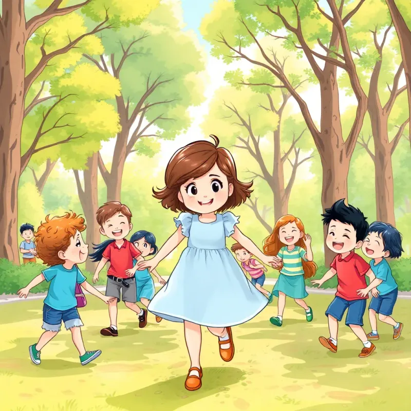 Posie, a young girl with short brown hair in a light blue dress, playing tag with kids in a park filled with trees, laughter all around, bright sunny day, joyful expressions, colorful playground, illustration, friendly, inviting atmosphere, child-friendly