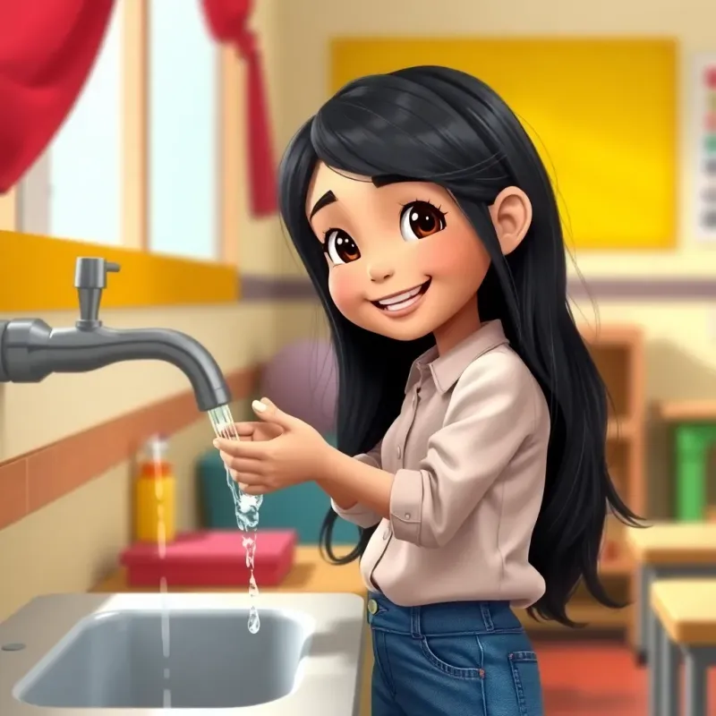 Noorah, a young girl with dark hair wearing a light shirt and jeans, turning on the tap to wash her hands, joyful and curious, with the water running, colorful classroom, bright digital art, high quality
