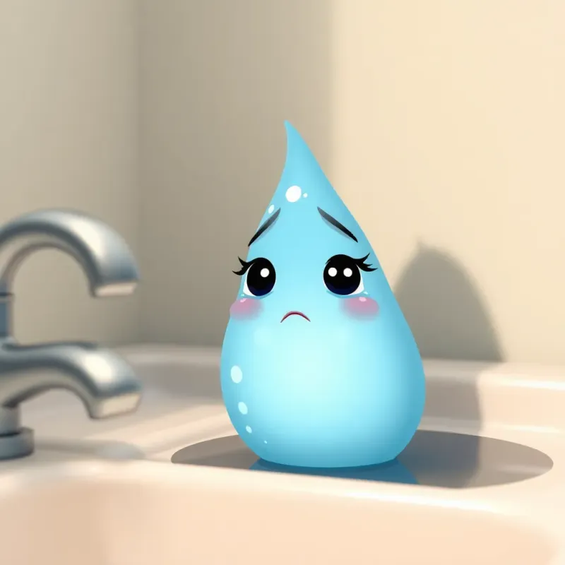 A sad water drop, Qatoorah, with tearful eyes hiding behind the sink, soft colors, gentle light, realistic detail, conveying emotion, child-friendly
