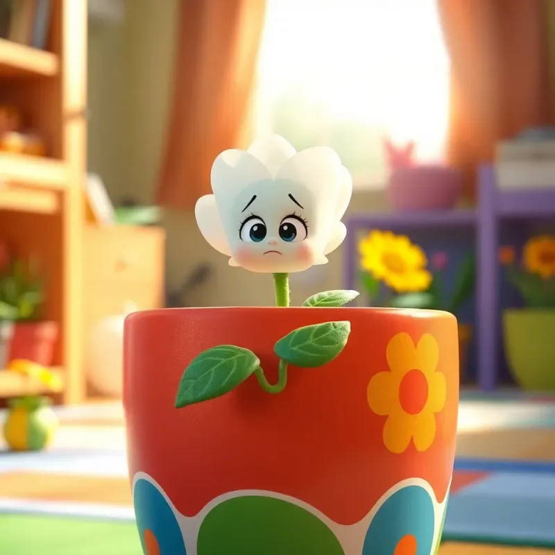 A small flower, pale and thirsty, lifting its head from behind a colorful flower pot in the kindergarten, looking sad, bright sunlight, soft focus, gentle atmosphere, child-friendly
