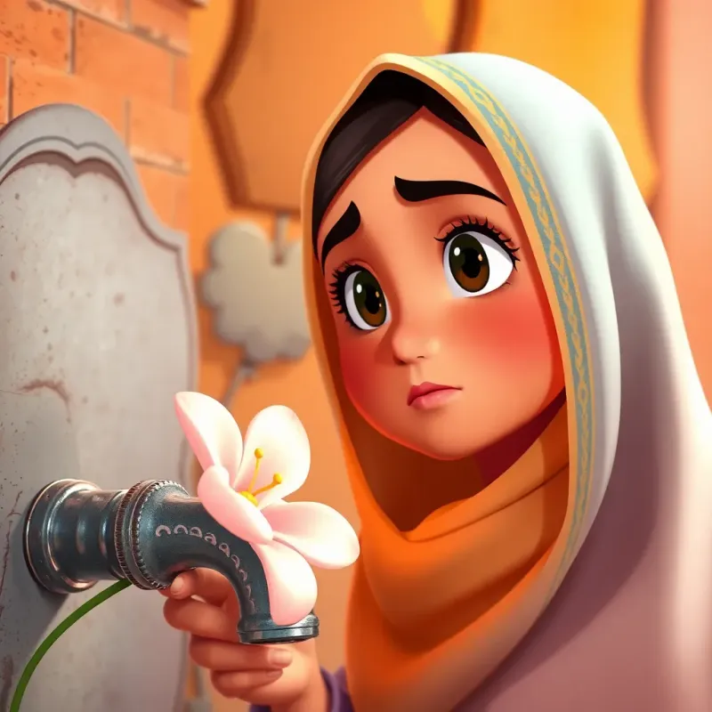 Noorah looking thoughtfully at the open tap, the pale flower beside her, determination on her face, colorful scene, warm colors, heartwarming, high quality