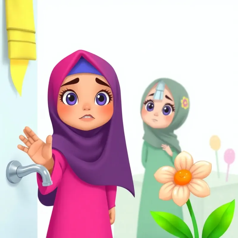 Noorah reaching out to turn off the tap with a determined look, Qatoorah watching hopefully, the flower looking up with soft eyes, colorful and bright, vibrant, child-friendly