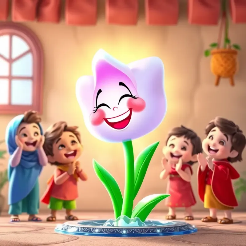 Qatoorah sparkling with joy after Noorah turns off the tap, the flower smiling brightly, children around them clapping, cheerful atmosphere, bright colors, happy scene, high quality