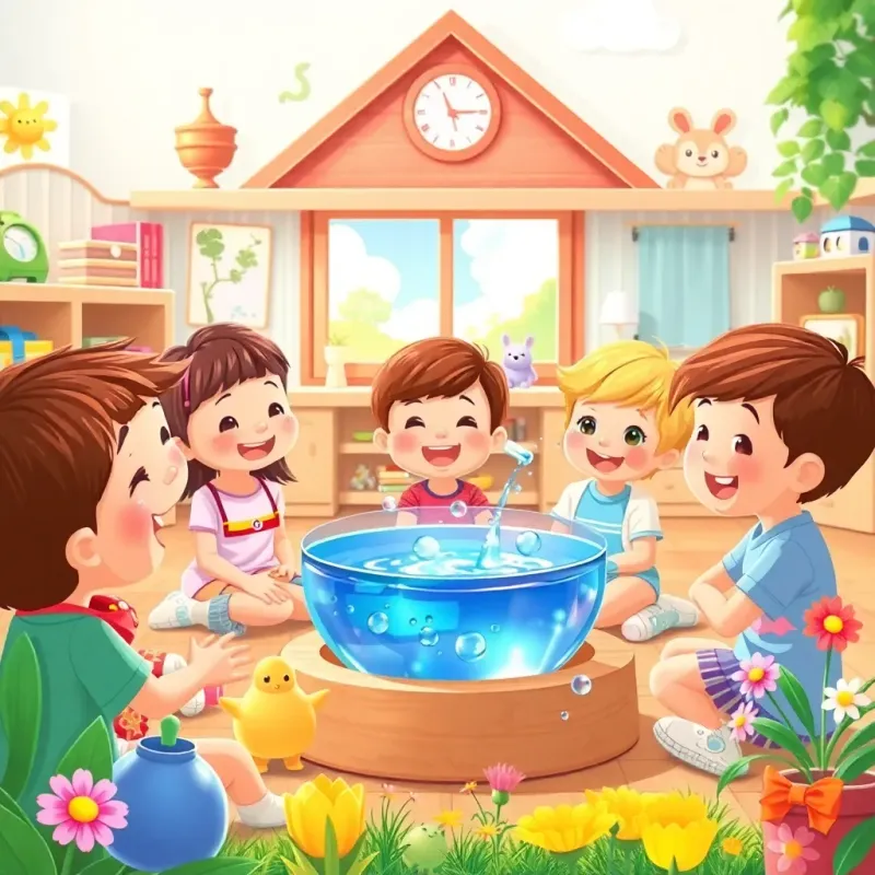 A joyful scene in the kindergarten with children learning about saving water, bright illustrations, colorful toys and flowers, uplifting and educational, high quality, child-friendly