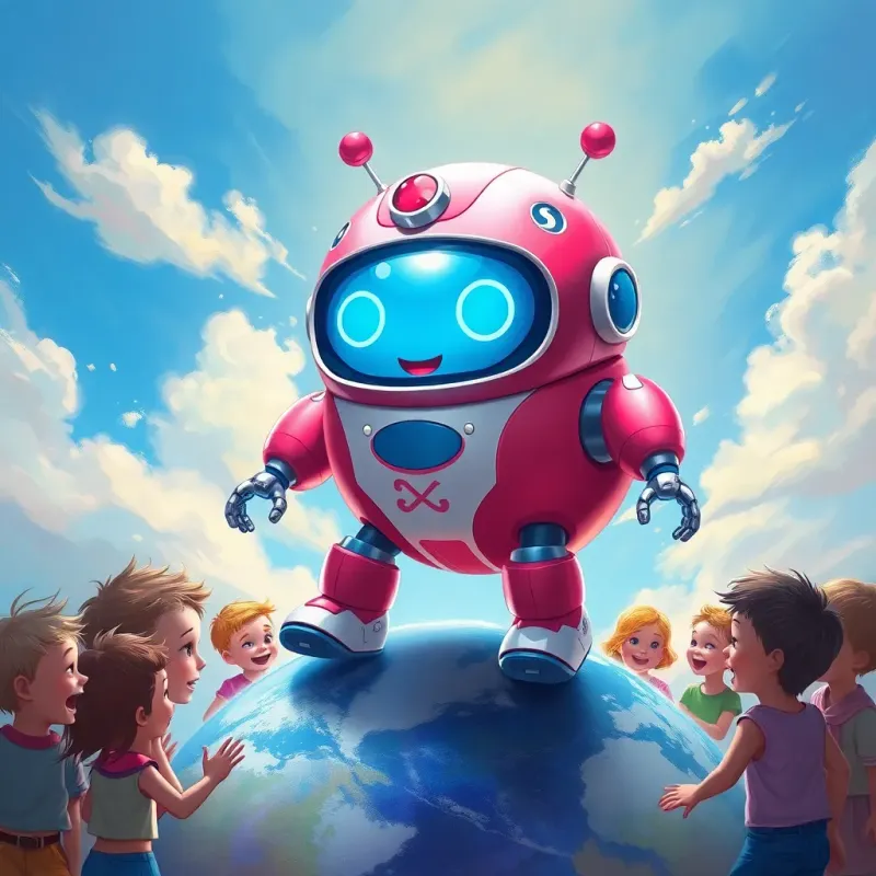 A beautiful robot named Ruby, plump and shiny, with a joyful expression, landing on Earth surrounded by amazed children under a vibrant blue sky, digital art, cheerful colors, fun atmosphere, high quality