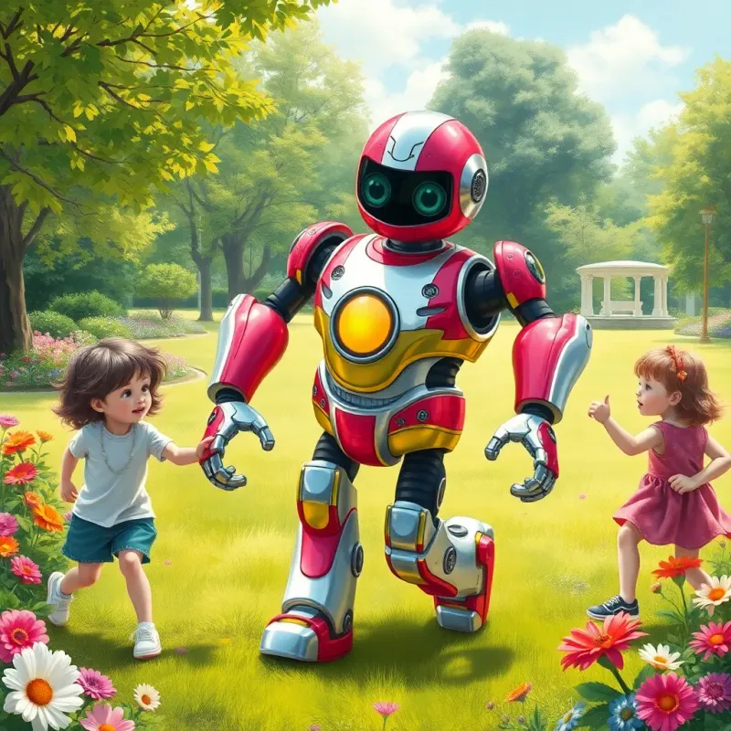 Ruby, the beautiful robot, playing tag with children in a sunny park, her big metallic body gleaming, vibrant greens, and colorful flowers around, illustration, lively and engaging scene, high quality