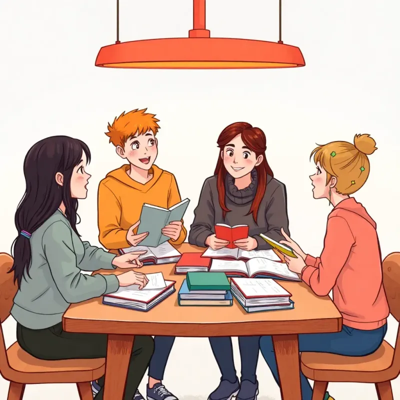 The same four students now engaged in a lively discussion, gathering around a table with books and papers, animated conversation, illustration, warm colors, collaborative spirit, high quality