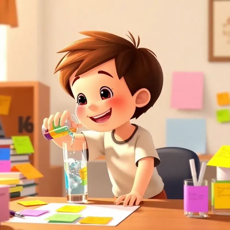 Sammy, a young boy with short brown hair, dressed in a t-shirt and shorts, pouring water into a colorful glass, with bright sticky notes around his desk, illustration, joyful, playful, warm colors, child-friendly