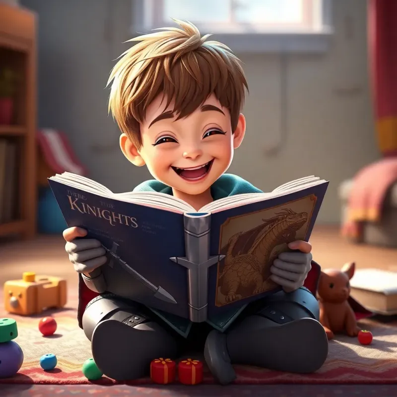 Sammy, a boy with short brown hair, wearing a medieval knight costume, joyfully reading a book about knights and dragons, sitting on a carpet with toys around, digital painting, imaginative and engaging, bright colors, high quality