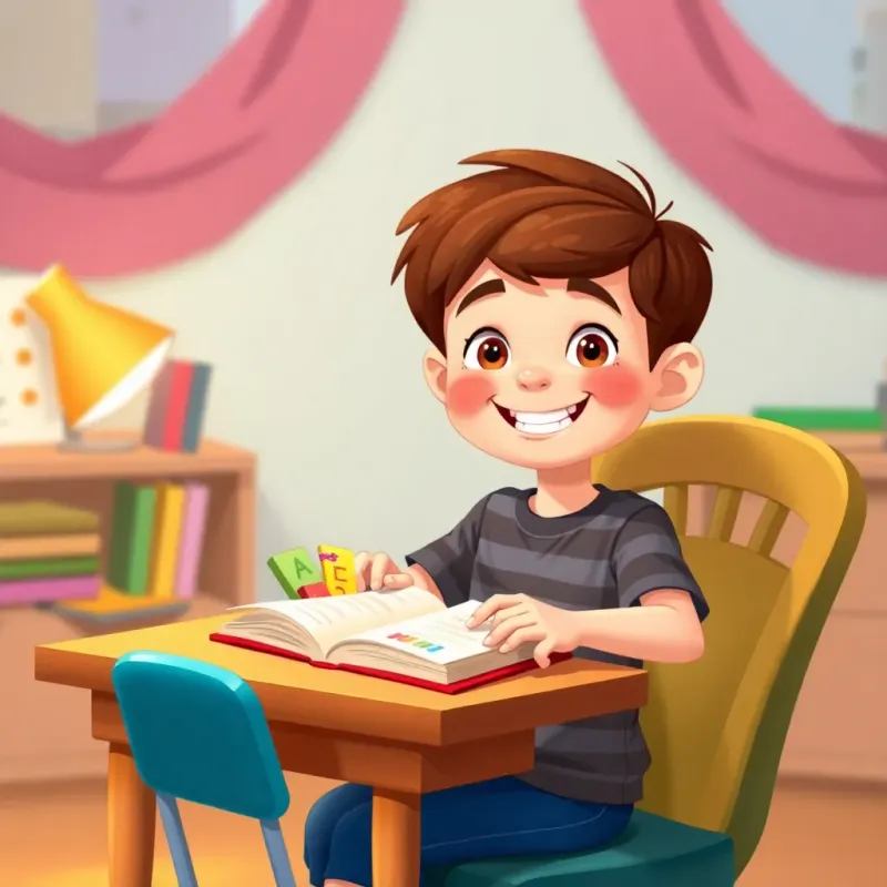 A proud boy, Sammy, with short brown hair, keeping a journal on his desk, filled with colorful achievements, sitting on a chair with a big smile, illustration, happy and uplifting, vibrant colors, child-friendly