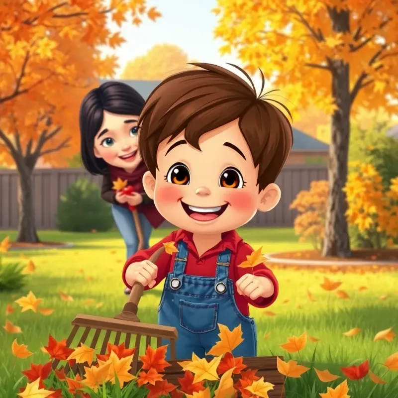 Sammy, a young boy with short brown hair, helping his mom in the yard, raking leaves with a big grin, surrounded by autumn trees, digital art, warm and inviting, cheerful family scene, high quality