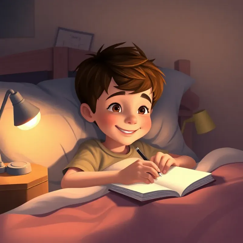 Sammy, a young boy with short brown hair, lying in bed writing in a journal, looking content and happy with a small lamp lighting up his room, digital painting, calm and cozy, inviting atmosphere, high quality