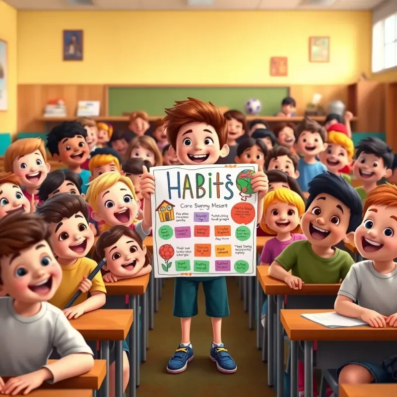 A classroom filled with excited kids, Sammy presenting at the front, with a colorful poster about habits, beaming with pride, cheerful atmosphere, vibrant colors, engaging scene, high quality