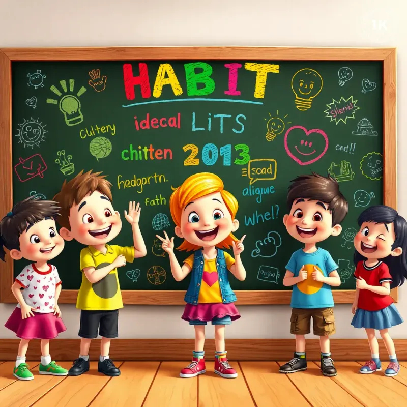 A group of happy children, including Sammy, Sarah, and friends, creating a chalkboard filled with colorful habit ideas, with smiles and excitement all around, digital art, playful and bright, energetic atmosphere, high quality