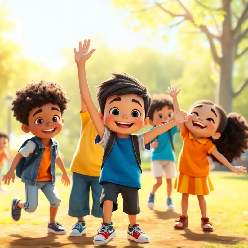 Sammy and his friends, a diverse group of kids with different hairstyles and clothes, being active outside, celebrating their little successes in a park, bright sunlight around them, joyful and warm colors, empowering scene, high quality