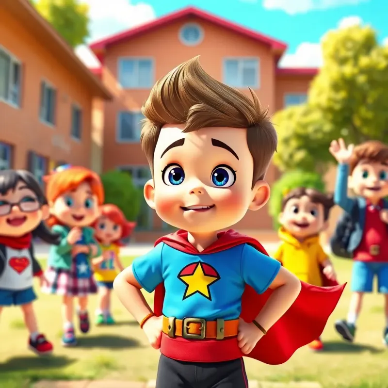 Sammy looking determined, dressed like a superhero with a cape, rallying his friends with enthusiasm in a schoolyard, bright colors, inspiring and vibrant scene, digital art, high quality
