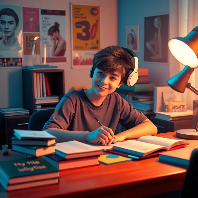 A teenager studying at a desk with headphones on, surrounded by books and notebooks, looking focused and content, room decorated with posters and soft lighting, digital art, calm colors, cozy atmosphere, high quality