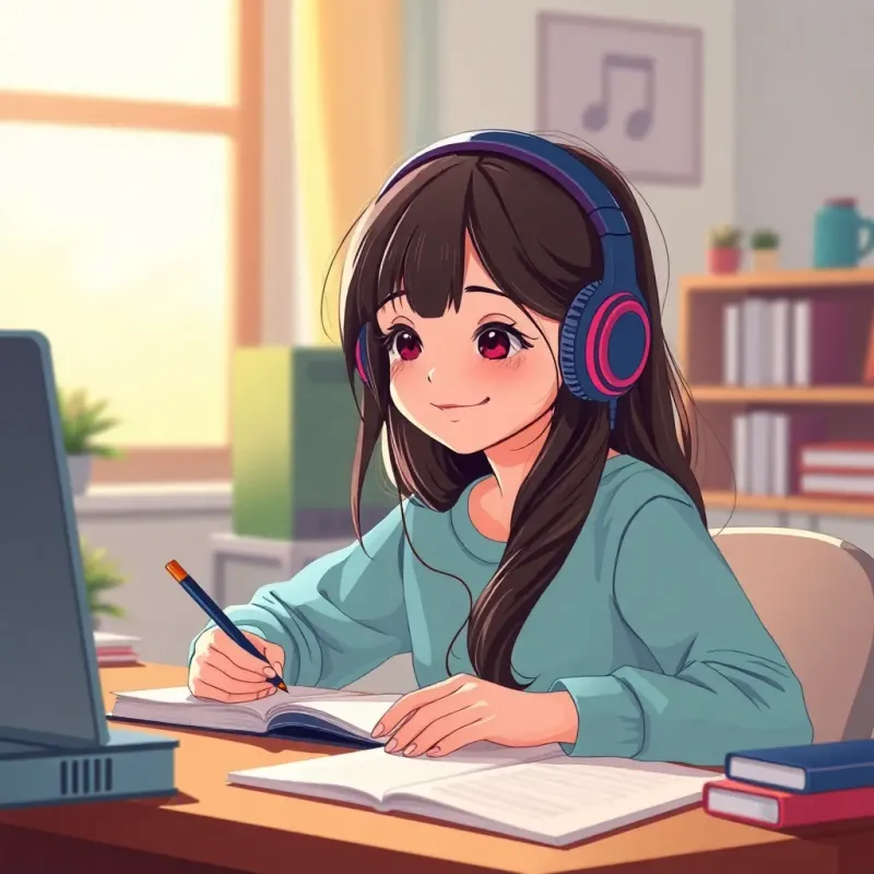 A teen girl with long hair, wearing headphones and smiling, listening to soft classical music while writing notes at a desk, bright and warm lighting, inviting study space, child-friendly, illustration, cheerful vibe, high quality