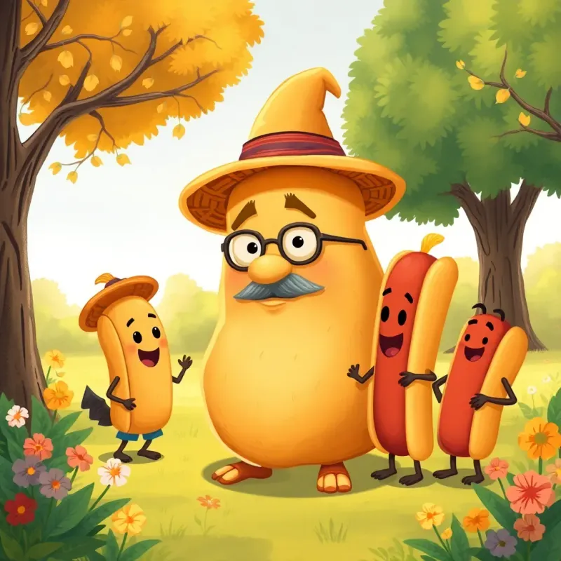 A wise old potato named Mr. Spud, with a straw hat and glasses, speaking to Frankie the hot dog and his friends in Grills Park, surrounded by trees and flowers, charming and whimsical art, warm light, engaging scene, high quality