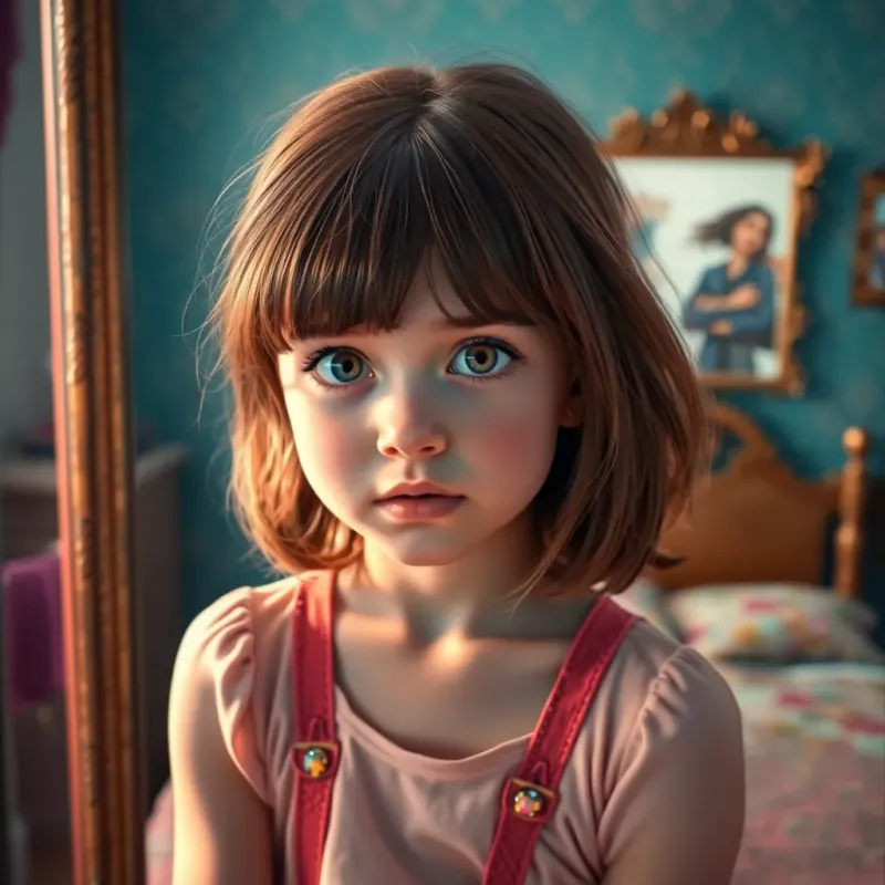 A young girl, Mia, with medium brown hair and colorful braces, standing in front of a mirror in her bedroom, looking a bit confused yet curious, warm lighting, vibrant colors, inviting atmosphere, high quality