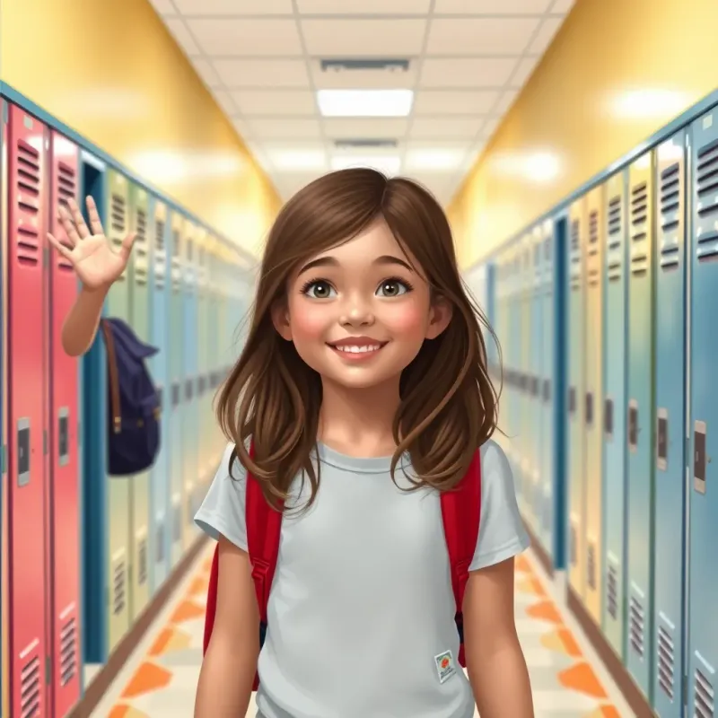 A young girl, Mia, with medium brown hair and colorful braces, walking through a school hallway with lockers, a boy named Josh waving at her with a friendly smile, bright school colors, cheerful scene, engaging atmosphere, high quality