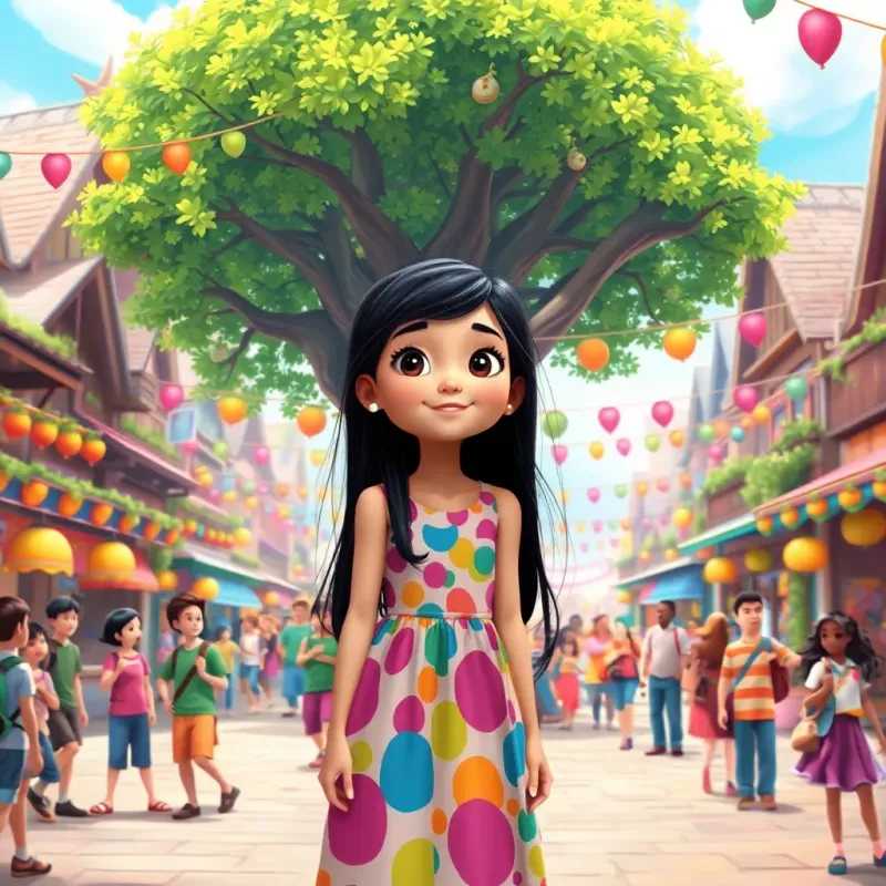 Lila, a young girl with long black hair, in a colorful dress, exploring a bustling village square filled with cheerful people, a big tree with lush green leaves in the center, colorful decorations for a festival, digital painting, vibrant and lively, magical atmosphere, high quality