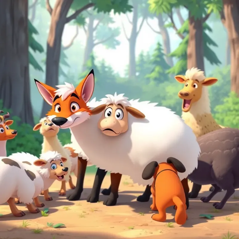 A group of animals surrounding Sheep, with Fox leading the charge, Sheep looking worried, and Dog peeking out from under Sheep’s tail, cartoonish style, vibrant colors, clear forest background, engaging scene, child-friendly, high quality
