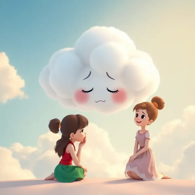 A little cloud named Cumulus, feeling sad and lost, floating in the sky, with soft features, looking towards Layla, who is kneeling and smiling, bright colors, cheerful and uplifting, fantasy style, high quality